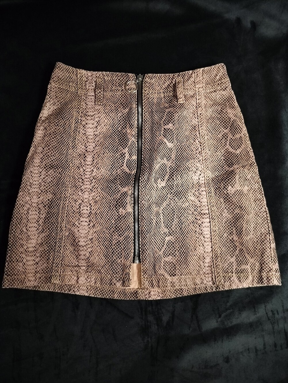 NEW Topshop Taupe Brown Snake Skin Print Front Zip Mini Skirt 100% Cotton - 4 XS